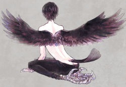 Rule 34 | 1boy, barefoot, between legs, bird legs, bird tail, bird wings, black feathers, black hair, black pants, claws, clona, curly hair, feathered wings, feathers, from behind, full body, grey background, hand between legs, harpy boy, male focus, monster boy, original, outstretched wings, pants, seiza, simple background, sitting, solo, tail, talons, wings