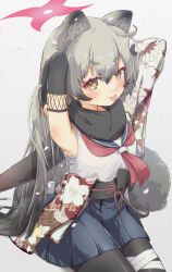 Rule 34 | 1girl, absurdres, animal ear fluff, animal ears, black pantyhose, black sailor collar, black skirt, blue archive, blush, bridal gauntlets, brown eyes, closed mouth, commentary request, cowboy shot, grey hair, hair between eyes, halo, highres, long hair, michiru (blue archive), neckerchief, pantyhose, pleated skirt, red halo, red neckerchief, sailor collar, single bridal gauntlet, skirt, smile, solo, tail, tomonx, tongue, tongue out
