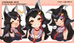 Rule 34 | 1girl, :d, ^ ^, absurdres, animal ear fluff, animal ears, bare shoulders, black hair, black shirt, black sleeves, blush, choker, closed eyes, collarbone, cropped torso, detached sleeves, eighth note, fangs, flipped hair, gloom (expression), grin, hair between eyes, hair ornament, hairclip, highres, hololive, kouhaku nawa, long hair, looking at viewer, multicolored hair, multiple views, music, musical note, narita tamezou, neckerchief, notice lines, ookami mio, ookami mio (1st costume), open mouth, red choker, red hair, red neckerchief, rope, sailor collar, sailor shirt, shimenawa, shirt, sidelocks, simple background, singing, sleeveless, smile, streaked hair, tearing up, very long hair, virtual youtuber, wavy mouth, white background, wolf ears, yellow eyes
