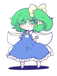Rule 34 | 1girl, :&gt;, arms behind back, ascot, barefoot, blue skirt, blush, bow, chahan (fried rice0614), chibi, collared shirt, daiyousei, dress, fairy wings, frilled dress, frills, full body, green eyes, green hair, hair bow, hair ribbon, highres, looking at viewer, puffy short sleeves, puffy sleeves, ribbon, shadow, shirt, short hair, short sleeves, side ponytail, simple background, skirt, smile, solo, touhou, white background, white shirt, wings, yellow ascot, yellow bow, yellow ribbon