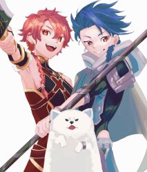 Rule 34 | 2boys, alexander (fate), armpits, blue hair, braid, brown hair, cape, cu chulainn (fate), dog, earrings, fate/grand order, fate (series), grin, highres, holding, holding polearm, holding sword, holding weapon, jewelry, long hair, male focus, multiple boys, open mouth, polearm, red hair, setanta (fate), slit pupils, smile, sword, tokoni fusu, weapon, white background, white cape, white dog