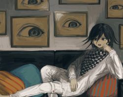 Rule 34 | 1boy, ako (td110349-7517), bad id, bad twitter id, black eyes, black hair, checkered clothes, checkered scarf, couch, cushion, danganronpa (series), danganronpa v3: killing harmony, eye focus, long sleeves, male focus, open mouth, oma kokichi, painting (action), pants, picture frame, scarf, solo, straitjacket, white pants