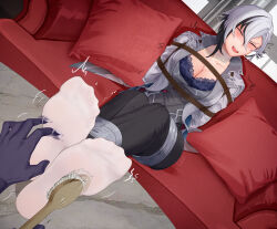 Rule 34 | 1girl, 1other, ^ ^, absurdres, arlecchino (genshin impact), arms behind back, bdsm, black hair, black pants, blue bra, bondage, bound, bra, breasts, cleavage, closed eyes, commentary request, couch, dutch angle, genshin impact, grey hair, grey jacket, hair between eyes, highres, jacket, multicolored hair, no shoes, open clothes, open jacket, pants, pantyhose, pillow, rope, short hair, sitting, solo focus, streaked hair, tape, tickling, underwear, yuehei dao