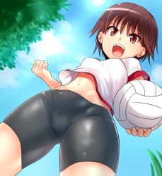 Rule 34 | 10s, 1girl, ball, bike shorts, blush, breasts, brown eyes, brown hair, clenched hand, cloud, cowboy shot, day, female focus, from below, girls und panzer, gym shirt, gym uniform, highres, holding, holding ball, isobe noriko, kitayama miuki, midriff, midriff peek, navel, open mouth, outdoors, shirt, short hair, sky, small breasts, smile, solo, sportswear, stomach, toned, uniform, volleyball (object), volleyball uniform