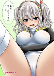 Rule 34 | 10s, 1girl, alternate costume, blue eyes, blush, breasts, commentary request, cosplay, emperor penguin (kemono friends), emperor penguin (kemono friends) (cosplay), hair between eyes, headphones, highleg, highleg leotard, kantai collection, kashima (kancolle), kemono friends, kuro abamu, large breasts, leotard, long hair, looking at viewer, sidelocks, silver hair, solo, speech bubble, thighhighs, translation request, twintails, twitter username, wavy hair, white leotard, white thighhighs