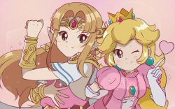 Rule 34 | 2girls, arm up, armor, artist name, blonde hair, blue eyes, bracelet, chocomiru, commentary, crown, dress, earrings, english commentary, gem, gloves, heart, jewelry, long hair, looking at viewer, mario (series), multiple girls, nintendo, one eye closed, pink background, pink dress, pink shirt, pointy ears, princess peach, princess zelda, puffy short sleeves, puffy sleeves, shirt, short sleeves, smile, super smash bros., the legend of zelda, the legend of zelda: a link between worlds, tiara, triforce, upper body, white gloves, white shirt