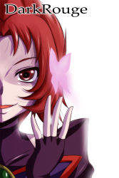 Rule 34 | 00s, 1girl, bloom, bug, butterfly, character name, dark cure (yes! precure 5), dark rouge, fingerless gloves, gloves, highres, insect, magical girl, nishi koutarou, open mouth, out of frame, portrait, precure, red eyes, red hair, short hair, simple background, smile, solo, white background, yes! precure 5