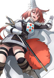 Rule 34 | 1girl, absurdres, animal ears, arknights, arm guards, armor, armored dress, belt, belt buckle, belt pouch, black gloves, blush, buckle, cape, closed eyes, ear ornament, flametail (arknights), gloves, highres, holding, holding sword, holding weapon, knee guards, liang chan xing make tu, long hair, lying, on back, panties, pouch, red hair, saliva, saliva trail, sheath, sheathed, shin guards, skindentation, sleeping, squirrel ears, squirrel girl, squirrel tail, sword, tail, thigh strap, underwear, weapon, white background, white cape, white panties