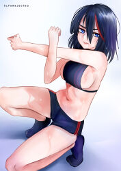 Rule 34 | 1girl, absurdres, alfarejected, armpits, bare legs, bare shoulders, black hair, blue eyes, breasts, exercising, hair between eyes, highres, kill la kill, kneeling, matoi ryuuko, medium breasts, messy hair, multicolored hair, navel, panties, parted lips, revealing clothes, short hair, sideboob, signature, socks, solo, stomach, streaked hair, stretching, sweat, trigger (company), two-tone hair, underwear, wet, wet hair, workout clothes