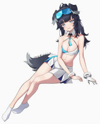 Rule 34 | absurdres, animal ears, ankle socks, artist name, bare shoulders, black hair, blue archive, blue eyes, blue skirt, breasts, character name, cheerleader, cleavage, clothes writing, cyan yu, dated, detached collar, dog ears, dog girl, dog tail, eyewear on head, full body, gloves, grey background, hibiki (blue archive), hibiki (cheer squad) (blue archive), highres, legs, looking at viewer, medium breasts, medium hair, midriff, millennium cheerleader outfit (blue archive), navel, partially fingerless gloves, simple background, single gloves, sitting, skirt, socks, sunglasses, tail, two-tone skirt, white gloves, white skirt, white socks
