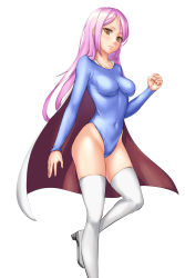 Rule 34 | 1girl, absurdres, blue leotard, boots, breasts, brown eyes, cape, covered navel, edchi, feet out of frame, highleg, highleg leotard, highres, impossible clothes, impossible leotard, leotard, long hair, medium breasts, original, pink hair, solo, standing, standing on one leg, superhero costume, thigh boots, thighhighs, white cape, white footwear, white thighhighs