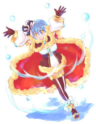 Rule 34 | 1girl, :d, arms up, blue hair, breasts, brown cape, brown gloves, brown legwear, cape, commentary request, dress, dutch angle, full body, fur-trimmed cape, fur-trimmed dress, fur trim, garter straps, gloves, hat, looking at viewer, manoji, medium breasts, mini hat, official alternate costume, open mouth, ragnarok online, red cape, sandals, short dress, short hair, smile, solo, strapless, strapless dress, top hat, two-sided cape, two-sided fabric, two-tone dress, two-tone legwear, warlock (ragnarok online), water, white background, white dress, yellow eyes