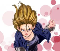 Rule 34 | 1girl, akira (yuibnm71), android 18, blonde hair, blue eyes, dragon ball, dragonball z, earrings, jewelry, leaning forward, looking at viewer, single earring, solo, vest