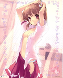 Rule 34 | 1girl, absurdres, breasts, brown hair, clothes pull, covered erect nipples, dress shirt, flyable heart, hair ornament, hairclip, highres, image sample, inaba yui, ito noizi, miniskirt, no bra, open clothes, open shirt, open skirt, panties, pleated skirt, red skirt, school uniform, shirt, skirt, skirt pull, small breasts, solo, striped clothes, striped skirt, underwear, undressing, white panties