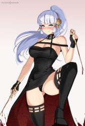 Rule 34 | 1girl, ayaka (genshin impact), bare shoulders, black dress, black footwear, black gloves, blue eyes, blue hair, blunt bangs, blush, boots, breasts, cleavage, cosplay, dagger, dress, dual wielding, fingerless gloves, genshin impact, gloves, gold hairband, hair ornament, hairband, hayami saori, highres, hioyami, holding, knife, large breasts, light blue hair, long hair, looking at viewer, ponytail, sidelocks, smile, spy x family, thigh boots, voice actor connection, weapon, yor briar, yor briar (cosplay)