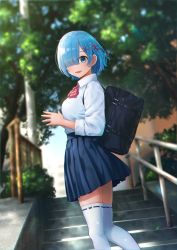 Rule 34 | 1girl, :d, absurdres, alternate costume, bag, blue eyes, blue hair, blue skirt, blurry, blurry background, bow, bowtie, collared shirt, from side, hair ornament, hair over one eye, hair ribbon, hanagamigendai, highres, long sleeves, looking at viewer, miniskirt, open mouth, outdoors, pleated skirt, re:zero kara hajimeru isekai seikatsu, red bow, red bowtie, red ribbon, rem (re:zero), ribbon, ribbon-trimmed legwear, ribbon trim, school bag, school uniform, shirt, short hair, skirt, smile, solo, stairs, striped bow, striped bowtie, striped clothes, thighhighs, white shirt, white thighhighs, wing collar, x hair ornament, zettai ryouiki