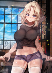 Rule 34 | 1girl, black shirt, blonde hair, blue eyes, blue shorts, blush, breasts, closed mouth, girls und panzer, highres, indoors, kay (girls und panzer), large breasts, long hair, looking at viewer, megadeko, midriff, navel, shirt, short shorts, shorts, sky, smile, solo, thighhighs, white thighhighs, window