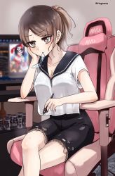 Rule 34 | 1girl, beer can, bike shorts, bralines, breasts, brown eyes, brown hair, can, chair, cleavage, collarbone, crossed legs, drink can, earrings, gaming chair, hair ornament, hairclip, hand on own cheek, hand on own face, highres, izumi sumi, jewelry, jitome, keyboard (computer), large breasts, monitor, mouth hold, nail polish, nande ikiteru ka wakaranai hito izumi sumi 25-sai, ponytail, red nails, ringoanu, sailor collar, school uniform, see-through, see-through shirt, see-through silhouette, serafuku, sitting, solo, stylus, sweat, swivel chair, torn bike shorts, torn clothes, translucent, tupet, twitter username