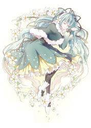 Rule 34 | 1girl, black bow, black legwear, black ribbon, blue hair, bow, capelet, dress, closed eyes, flower, full body, hair flower, hair ornament, hair ribbon, hairband, hatsune miku, highres, kicchan, layered dress, multicolored hair, ribbon, shoes, simple background, sleeping, smile, solo, twintails, two-tone hair, vocaloid, white background, white flower, white footwear, white hair, white hairband