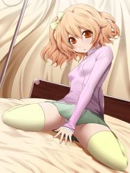 Rule 34 | 00s, 1girl, arm support, bed, bow, chemical-x, covering privates, fresh precure!, hair bow, matching hair/eyes, orange eyes, orange hair, panties, precure, short hair, sitting, solo, spread legs, thighhighs, underwear, wariza, white panties, yamabuki inori, yellow thighhighs