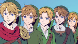 5boys armor belt blonde_hair blue_background blue_eyes brown_belt closed_mouth collarbone copyright_request earrings green_hat green_tunic hat jewelry link mivic_zel multiple_boys multiple_persona nintendo red_scarf scarf short_hair shoulder_armor shoulder_belt sidelocks split_mouth the_legend_of_zelda the_legend_of_zelda:_ocarina_of_time the_legend_of_zelda:_twilight_princess tunic upper_body