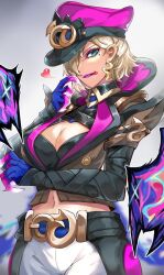 Rule 34 | 1girl, :p, black headwear, black pants, black shirt, blonde hair, blue skin, breasts, cleavage, collared shirt, colored skin, earrings, gradient background, highres, jewelry, large breasts, league of legends, mole, mole under eye, navel, pants, pink headwear, pink pants, pink skin, shirt, short hair, solo, soul fighter evelynn, stomach, tentacles, tongue, tongue out, umagenzin, white background, white pants