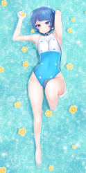 Rule 34 | 1girl, amekosame, armpits, bare arms, bare legs, bare shoulders, barefoot, blue eyes, blue hair, blue one-piece swimsuit, blunt bangs, breasts, closed mouth, commentary request, competition swimsuit, covered navel, flower, highleg, highleg swimsuit, highres, holding, looking at viewer, lying, on back, one-piece swimsuit, partially submerged, short hair, small breasts, smile, solo, suntory, suntory nomu, swimsuit, virtual youtuber, water, white one-piece swimsuit, yellow flower