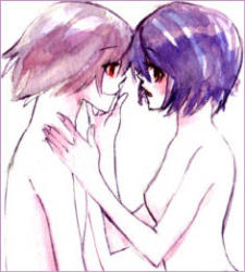 Rule 34 | 1boy, 1girl, ayanami rei, breasts, completely nude, lowres, monochrome, nagisa kaworu, neon genesis evangelion, nude, partially colored, profile, purple hair, purple theme, red eyes, short hair, silver hair, sketch, small breasts