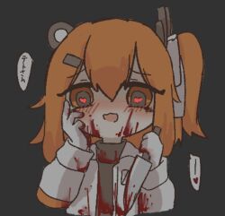 Rule 34 | 1girl, a.i. voice, adachi rei, blood, blood on clothes, blood on face, bloody knife, blush, gloves, grey background, hair ribbon, hand on own cheek, hand on own face, headlamp, heart, heart in eye, highres, holding, holding knife, hyouenn, jacket, knife, long sleeves, looking at viewer, medium hair, one side up, open clothes, open jacket, open mouth, orange eyes, orange hair, radio antenna, ribbon, simple background, solo, speech bubble, straight-on, symbol in eye, upper body, utau, white gloves, white jacket, white ribbon, yandere