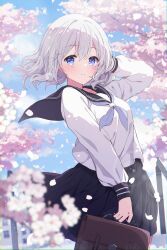Rule 34 | 1girl, :o, ahoge, arm behind head, black capelet, black skirt, blue eyes, blue sky, blush, branch, breasts, briefcase, capelet, cherry blossoms, collarbone, commentary request, cowboy shot, falling petals, flower, highres, holding, holding briefcase, lens flare, light blush, long sleeves, looking at viewer, mochigome (ununquadium), neckerchief, open mouth, original, outdoors, petals, pleated skirt, purple neckerchief, school briefcase, school uniform, serafuku, short hair, skirt, sky, small breasts, solo, spring (season), teeth, tree, uniform, wavy hair, white hair