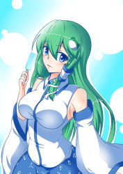 Rule 34 | 1girl, bare shoulders, blue eyes, blush, breasts, detached sleeves, food, frog hair ornament, green hair, hair between eyes, hair ornament, highres, kochiya sanae, large breasts, long hair, looking at viewer, nintoku, open mouth, popsicle, snake, solo, touhou, very long hair, wide sleeves