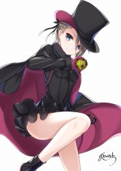 Rule 34 | 1girl, absurdres, ange (princess principal), asymmetrical hair, bee doushi, black footwear, black hat, black ribbon, black skirt, blue eyes, boots, braid, breasts, brown hair, cape, french braid, gloves, hair between eyes, hair ribbon, hat, highres, holding, layered skirt, miniskirt, pink gloves, princess principal, ribbon, short hair, signature, simple background, skirt, small breasts, smile, solo, white background