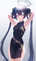 Rule 34 | 1girl, absurdres, armpits, arms behind head, arms up, bare arms, bare shoulders, black dress, black hair, blue archive, blue eyes, breasts, china dress, chinese clothes, covered navel, cowboy shot, double bun, dragon print, dress, hair bun, hair ornament, halo, highres, hyakunin momoko, kisaki (blue archive), long hair, looking at viewer, no panties, parted lips, pelvic curtain, print dress, short dress, sleeveless, sleeveless dress, small breasts, solo, standing, thighs, twintails, very long hair
