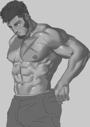 Rule 34 | 1boy, abs, bara, dressing, facial hair, fate/grand order, fate (series), goatee, greyscale, highres, large pectorals, long sideburns, male focus, mature male, monmonhomon, monochrome, muscular, muscular male, napoleon bonaparte (fate), navel, nipples, pectorals, scar, scar on chest, shiny skin, sideburns, solo, standing, stomach, topless male, unfinished