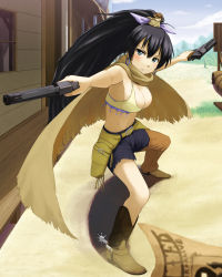 Rule 34 | 1girl, absurdres, alternate costume, animal, animal on head, asymmetrical clothes, bare shoulders, belt, black hair, blue eyes, blush, boots, breasts, bursting breasts, cape, cleavage, cloak, cosplay, cowboy, cowboy hat, cowboy western, earrings, full body, ganaha hibiki, gun, hamster, hamuzou, handgun, hat, highres, holster, idolmaster, idolmaster (classic), jewelry, large breasts, long hair, midriff, mouse (animal), on head, outstretched arms, ponytail, revolver, shorts, solo, spread arms, tsukikase, very long hair, wanted, wanted poster, weapon, western