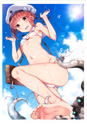Rule 34 | 1girl, absurdres, abyssal ship, bare arms, bare shoulders, barefoot, beret, bikini, blue sky, blush, breasts, brown eyes, brown hair, cloud, cloudy sky, day, enemy naval mine (kancolle), hat, highres, kantai collection, kat (bu-kunn), navel, open mouth, outdoors, sailor collar, short hair, simple background, sky, small breasts, stomach, sunlight, swimsuit, tentacles, thighs, toes, untied bikini, water, water drop, wet, z3 max schultz (kancolle)