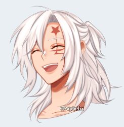 Rule 34 | 1boy, aiphelix, allen walker, d.gray-man, facial mark, hair between eyes, highres, long hair, looking at viewer, male focus, marking on cheek, open mouth, simple background, smile, upper body, white background, white hair