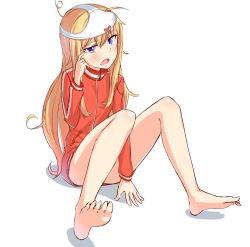 Rule 34 | 10s, 1girl, barefoot, blonde hair, blue eyes, bottomless, bow, bow panties, el dockie, full body, gabriel dropout, jacket, long hair, looking at viewer, messy hair, naked jacket, object on head, open mouth, panties, panties on head, scratching cheek, solo, gabriel tenma white, track jacket, underwear, white panties