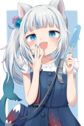 Rule 34 | 1girl, animal ears, blue eyes, blue hair, blue nails, cat ears, cube hair ornament, fins, fish tail, food, gawr gura, gawr gura (casual), hair ornament, highres, hololive, hololive english, looking at viewer, multicolored hair, nail polish, official alternate costume, open mouth, outside border, popsicle, shark tail, side ponytail, smile, snmdx, solo, streaked hair, tail, virtual youtuber