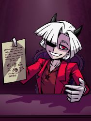 Rule 34 | 1girl, bad id, bad pixiv id, black horns, black tail, breasts, character request, demon girl, demon horns, demon tail, formal, highres, holding, horns, lazerrapter, red eyes, red shirt, red sweater, scp-738, scp foundation, shirt, short hair, smile, solo, suit, sweater, tail, vanripper (style), white hair