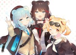 Rule 34 | 3girls, ?, ??, animal ears, arknights, arm up, arms up, bad id, bad pixiv id, badge, bear ears, beige cardigan, beret, black headwear, black jacket, blonde hair, blue dress, blue eyes, blue hair, blue nails, blue neckwear, blue skirt, blush, braid, brown hair, brown jacket, brown skirt, candy, candy hair ornament, cardigan, choker, commentary, dress, eyewear on head, food, food-themed hair ornament, gao, gummy (arknights), hair ornament, hairclip, hat, holding, holding candy, holding food, holding lollipop, istina (arknights), jacket, leaning forward, lollipop, looking at viewer, medium hair, monocle, multicolored hair, multiple girls, nail polish, neckerchief, necktie, one-piece swimsuit, one eye closed, open clothes, open jacket, open mouth, pleated skirt, red nails, red neckerchief, sailor collar, sailor one-piece swimsuit, shirt, skirt, sparkle, standing, star (symbol), strap, streaked hair, sunglasses, swimsuit, swirl lollipop, tongue, tongue out, toufu mentaru zabuton, twintails, twitter username, upper body, v, white background, white neckerchief, white sailor collar, white shirt, yellow nails, zima (arknights)