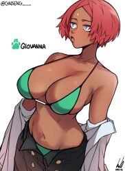 Rule 34 | 1girl, bikini, blue eyes, breasts, collared shirt, dark-skinned female, dark skin, ginseng (xin), giovanna (guilty gear), green bikini, guilty gear, guilty gear strive, highres, large breasts, lips, long sleeves, navel, open clothes, open shirt, red hair, shirt, short hair, simple background, swimsuit, white shirt