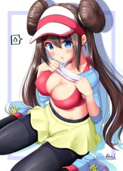 Rule 34 | 1girl, black pantyhose, blue eyes, blush, bra, breasts, brown hair, cleavage, clothes lift, creatures (company), double bun, game freak, hair bun, highres, large breasts, lifting own clothes, low twintails, mokufuu, navel, nintendo, pantyhose, pantyhose under shorts, pink bra, pokemon, pokemon bw2, rosa (pokemon), shirt, shirt lift, short shorts, shorts, solo, sweatdrop, thought bubble, twintails, underwear, visor cap, yellow shorts