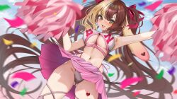 Rule 34 | 1girl, absurdres, animal ears, arm up, armpits, black panties, blonde hair, blush, bouncing breasts, bow, breasts, brown hair, cheerleader, clothing cutout, confetti, cowboy shot, crop top, dog girl, hair bow, highleg, highleg panties, highres, holding, holding pom poms, large breasts, long hair, looking at viewer, midriff, miniskirt, multicolored hair, navel, open mouth, original, panties, pleated skirt, pom pom (cheerleading), pom poms, rosebell, skirt, smile, solo, twintails, two-tone hair, underboob, underboob cutout, underwear, white skirt, yellow eyes
