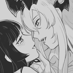 Rule 34 | 2girls, arknights, artist name, virtuosa (arknights), blunt bangs, blush, close-up, dragon girl, dragon horns, eblana (arknights), eye contact, face-to-face, fangs, forked tongue, from side, greyscale, hair ornament, hair over one eye, hand on another&#039;s chin, highres, hime cut, horns, imminent kiss, jacket, jewelry, long hair, looking at another, monochrome, multiple girls, multiple rings, naughty face, open clothes, open jacket, open mouth, portrait, profile, ring, seductive smile, sidelocks, sihzari, sketch, smile, teeth, tongue, tongue out, twitter username, very long hair, yuri