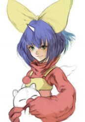 Rule 34 | 1girl, blue hair, bodysuit, bow, closed mouth, eiko carol, final fantasy, final fantasy ix, gloves, green eyes, hair bow, highres, horns, kannoaki, looking at viewer, moogle, short hair, simple background, single horn, smile, solo, white background, yellow bow
