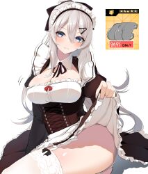 Rule 34 | 1girl, 9a-91 (bullets cafe) (girls&#039; frontline), 9a-91 (girls&#039; frontline), :3, absurdres, ass, black ribbon, blue eyes, blush, breasts, cleavage, clothes lift, frills, garter straps, girls&#039; frontline, grey hair, hair between eyes, hair ornament, hair ribbon, high ponytail, highres, large breasts, long hair, maid, maid headdress, red ribbon, ribbon, shiny skin, skirt, skirt lift, smile, solo, thighhighs, thighs, very long hair, yanagui