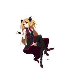 Rule 34 | 1girl, akatsuki uni, black dress, black footwear, black gloves, blonde hair, boots, breasts, closed mouth, commentary, crossed legs, dress, expressionless, full body, gloves, grey necktie, hair ornament, high heel boots, high heels, invisible chair, long hair, looking afar, looking to the side, lowres, necktie, partially fingerless gloves, pixel art, red eyes, simple background, sitting, sleeveless, sleeveless dress, small breasts, solo, thigh boots, tugmix, two side up, uni create, virtual youtuber, white background
