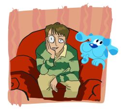 Rule 34 | 1boy, absurdres, armchair, black eyes, blue&#039;s clues, blue (blue&#039;s clues), border, brown hair, brown pants, chair, collared shirt, constricted pupils, cropped legs, dog, elbow on knee, green shirt, hand on own chin, head rest, highres, kipper goodbreakfast, leaning forward, looking at viewer, male focus, on chair, outside border, pants, polo shirt, shirt, short hair, signature, sitting, smirk, solo, steve (blue&#039;s clues), striped clothes, striped shirt, uneven eyes, white border