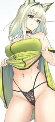 Rule 34 | 1girl, absurdres, animal ear fluff, animal ears, arknights, bare shoulders, belt collar, black panties, cat ears, cat girl, clothes lift, collar, covered erect nipples, cowboy shot, detached collar, disgust, dress, dress lift, frown, glaring, green dress, green eyes, hair intakes, highres, kal&#039;tsit (arknights), lace, lace-trimmed panties, lace trim, lifting own clothes, looking at viewer, material growth, multi-strapped panties, navel, oripathy lesion (arknights), panties, pussy juice, radioneet, scowl, simple background, underwear